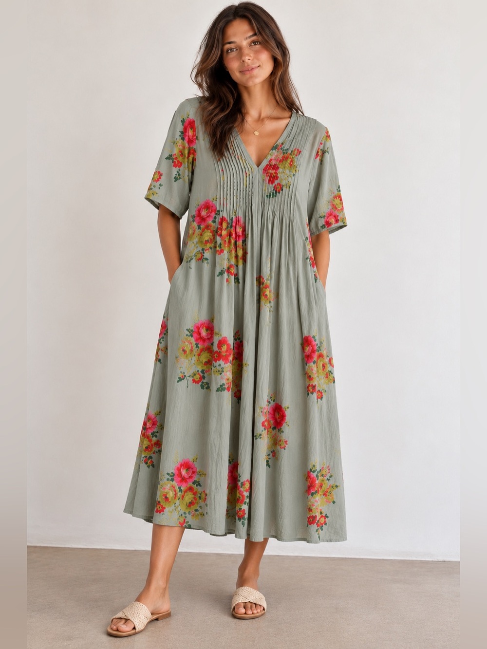 Dolma Cotton Skye Dress Floral Bohemian Flowy Sage Green Large